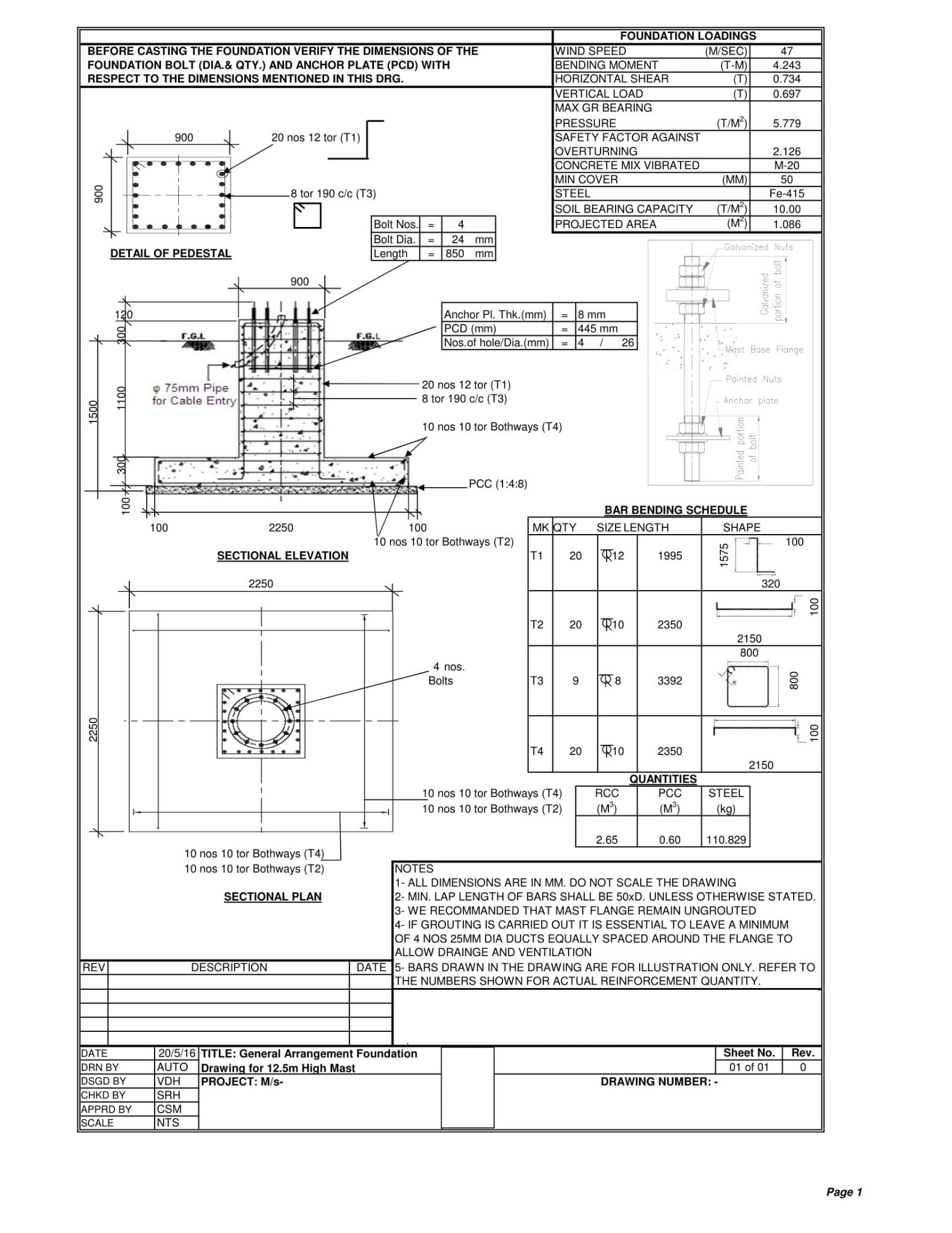Foundation reinforcement drawing for 12.5 metre high mast