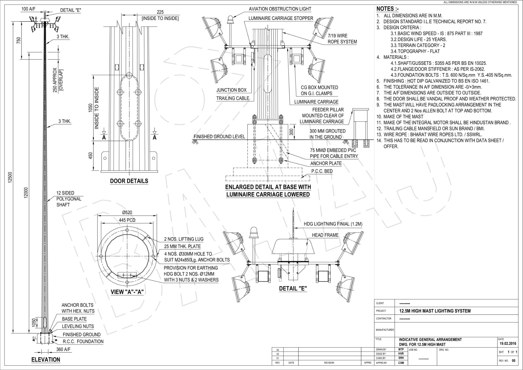 Indicative general arrangement drawing for a 12.5 metre high-mast lighting system