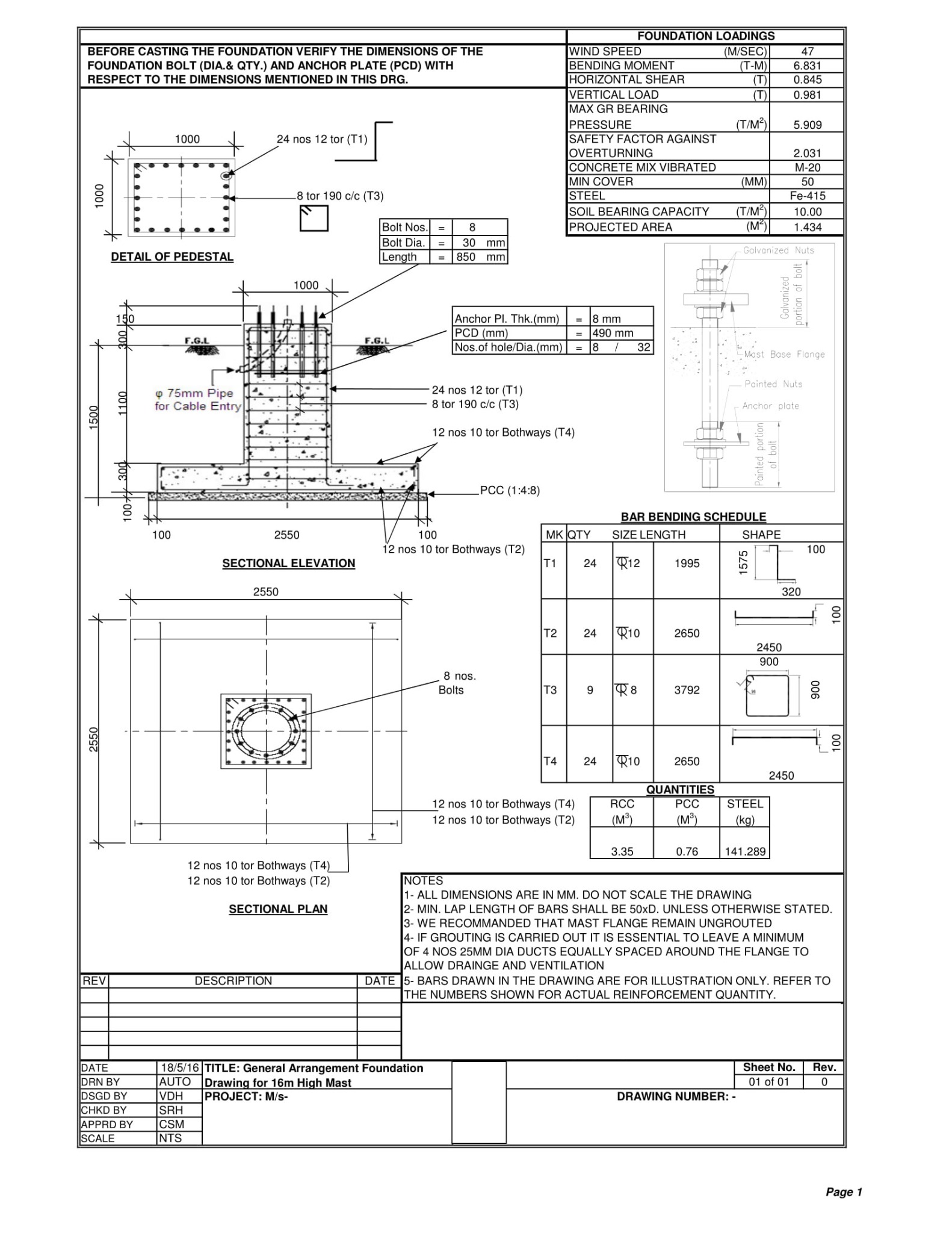 Foundation reinforcement drawing for 16 metre high mast