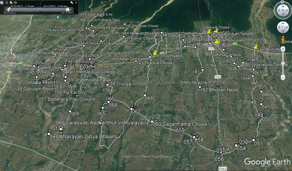 Google Earth route and waypoint survey for Sundar Haraicha Municipality
